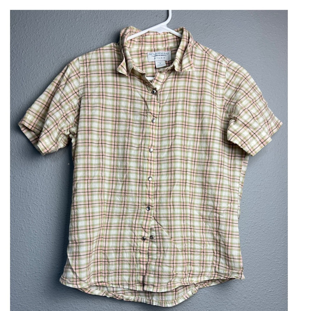 Wrangler Blues Mens Plaid Short Sleeve Western Pearl Snap Shirt Pink Green Sz M